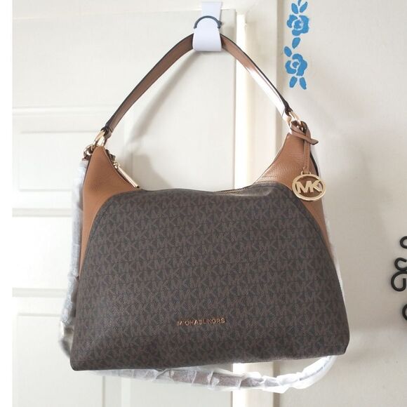 New! MICHAEL KORS MK Signature Logo Aria Large Shoulder Bag Crossbody Bag Brown - Picture 7 of 8